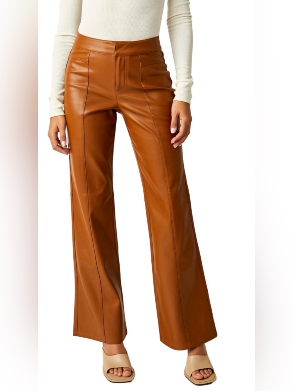 Free People Faux Leather Wide Leg Pants w/ seams. Cognac / caramel / camel. S